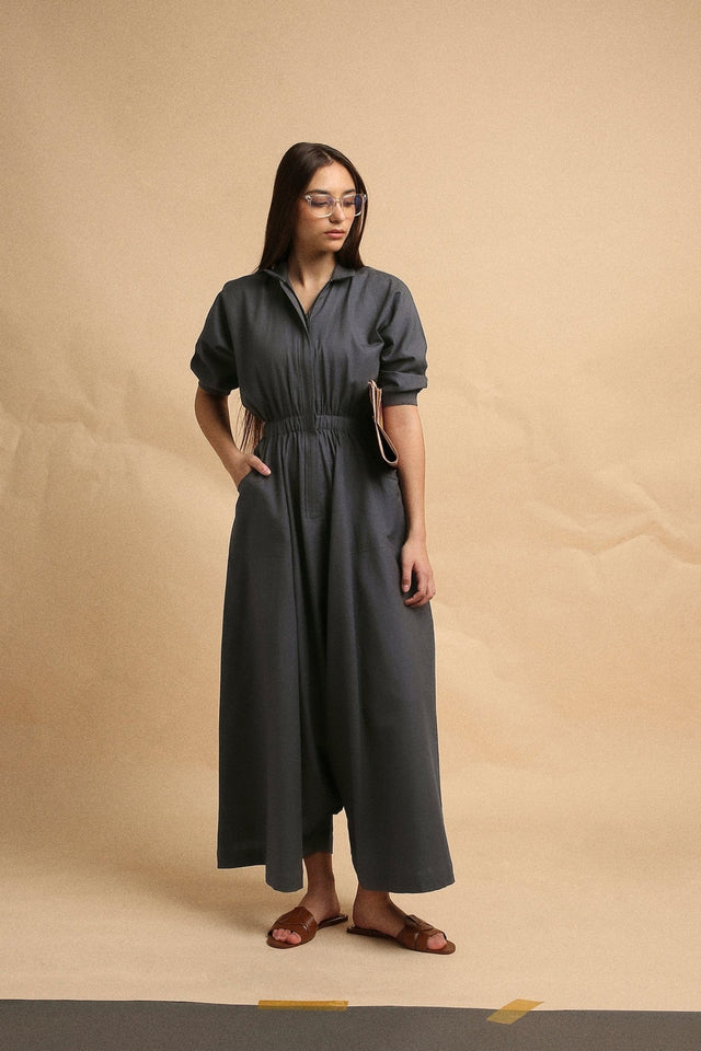 Ash Gray Collar Sphara Jumpsuit - Jumpsuit - Mizyana