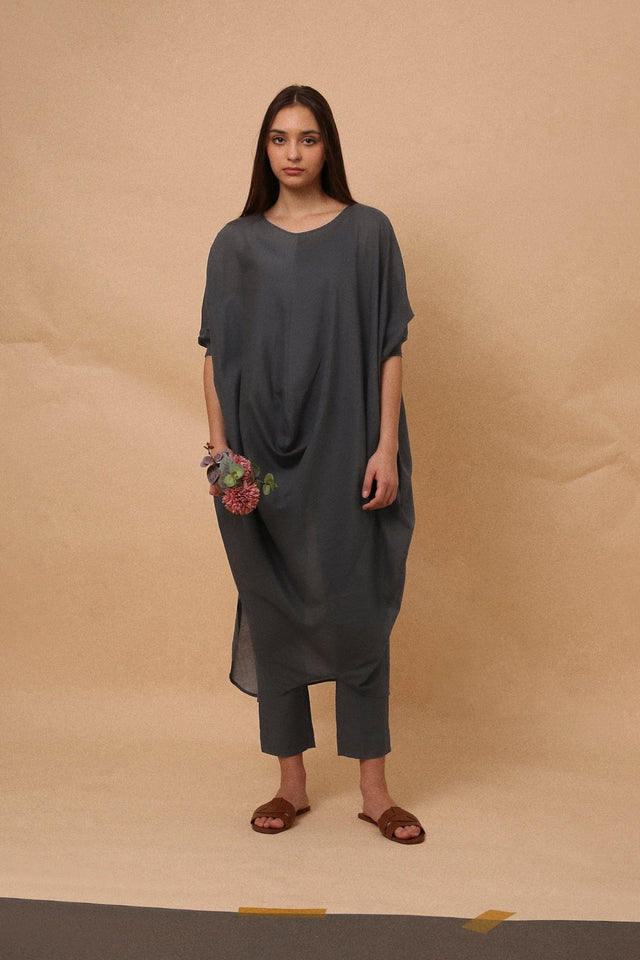 Ash Gray Rib Mul Cowl Tunic Co-Ord Set (2 PCS) - Two-Piece Set - Mizyana