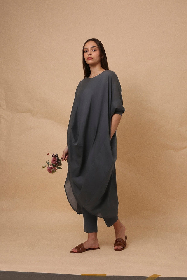 Ash Gray Rib Mul Cowl Tunic Co-Ord Set (2 PCS) - Two-Piece Set - Mizyana