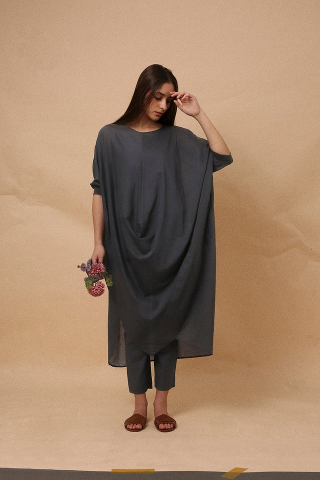 Ash Gray Rib Mul Cowl Tunic Co-Ord Set (2 PCS) - Two-Piece Set - Mizyana