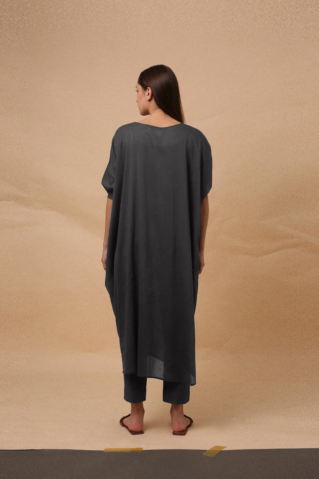 Ash Gray Rib Mul Cowl Tunic Co-Ord Set (2 PCS) - Two-Piece Set - Mizyana