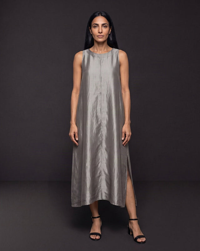 Ash Grey Handwoven Silk Organza Blend Midi Dress - Dress - Mizyana