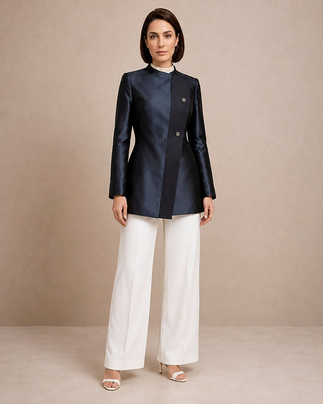 Asymmetric Taffeta and Crepe Sculptural Formal Jacket - Jacket - Mizyana