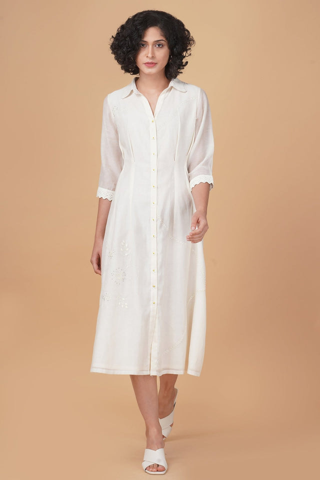 Azisai embroidery with cross stitch embroidery cotton chanderi dress - Dress - Mizyana