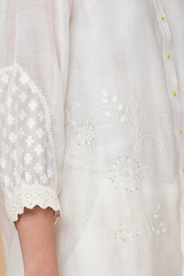 Azisai embroidery with cross stitch embroidery shirt in cotton chanderi and straight pant in silk chanderi - Two-Piece Set - Mizyana