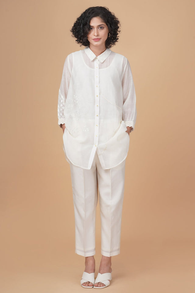 Azisai embroidery with cross stitch embroidery shirt in cotton chanderi and straight pant in silk chanderi - Two-Piece Set - Mizyana