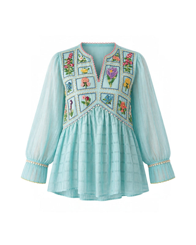 Azure Beaded Floral Embroidered Linen Organza Blouse - Blouse - Mizyana