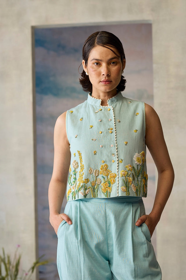 Azure Beaded Waistcoat - Coat - Mizyana
