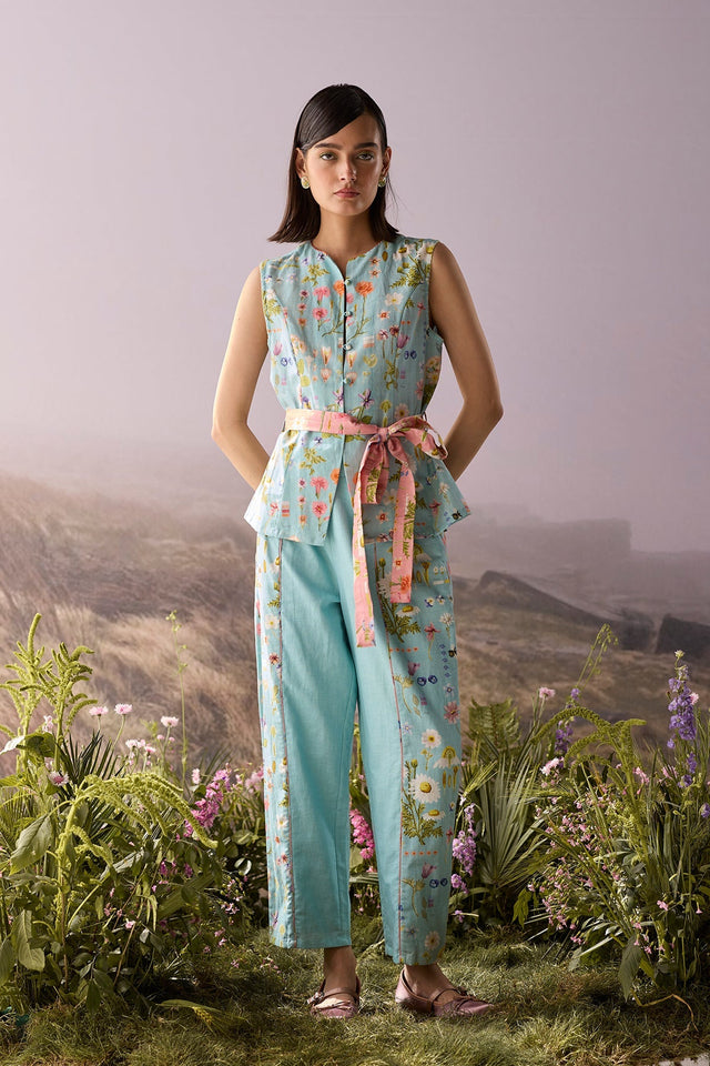 Azure Floral Waistcoat - Coat - Mizyana