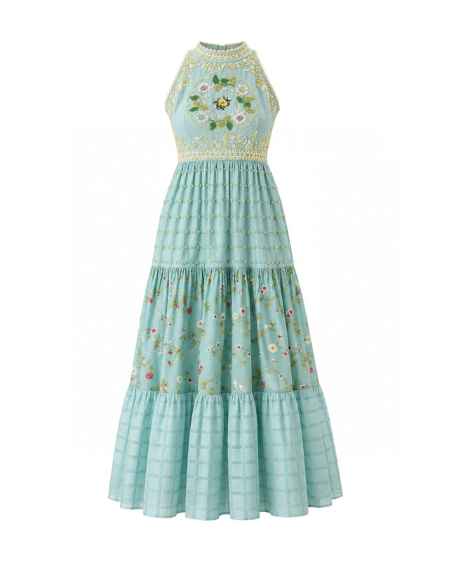 Azure Halter Neck Floral Embroidered Maxi Dress - Dress - Mizyana