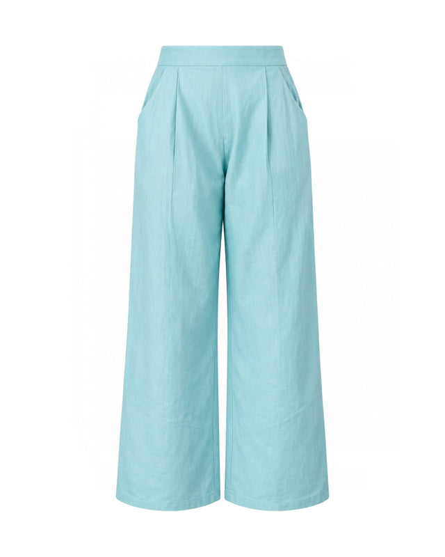 Azure Pleated Wide Leg Linen Trousers - Trousers - Mizyana