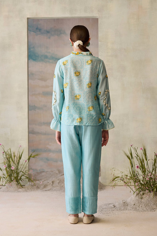 Azure Printed Floral Top - Shirt - Mizyana