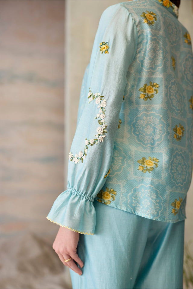 Azure Printed Floral Top - Shirt - Mizyana