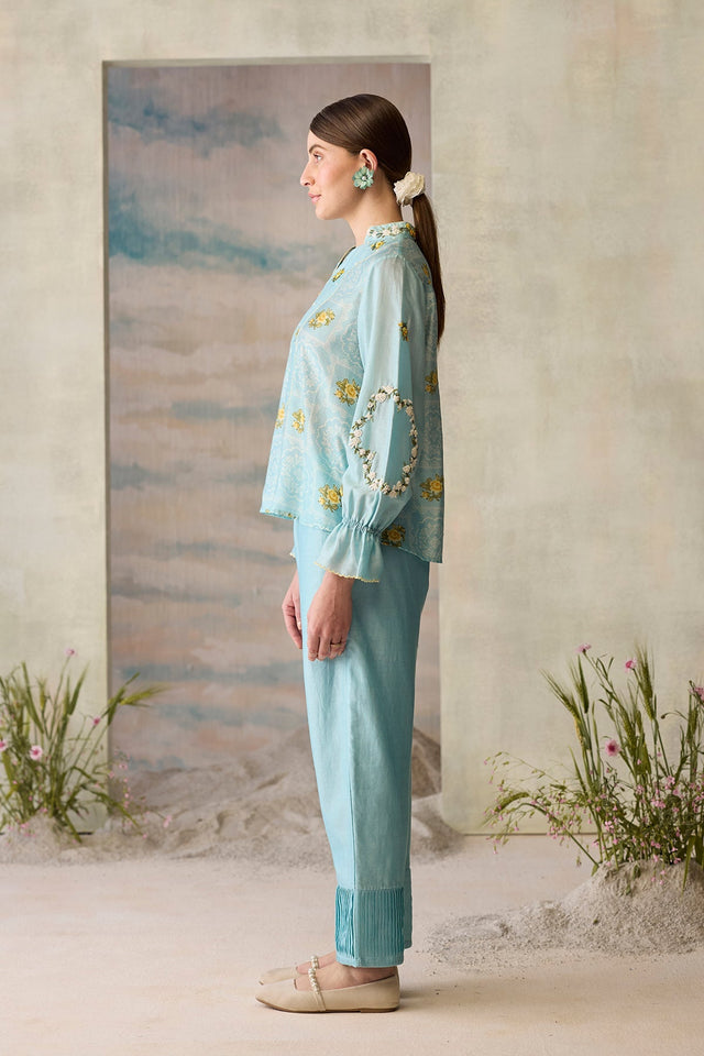 Azure Printed Floral Top - Shirt - Mizyana