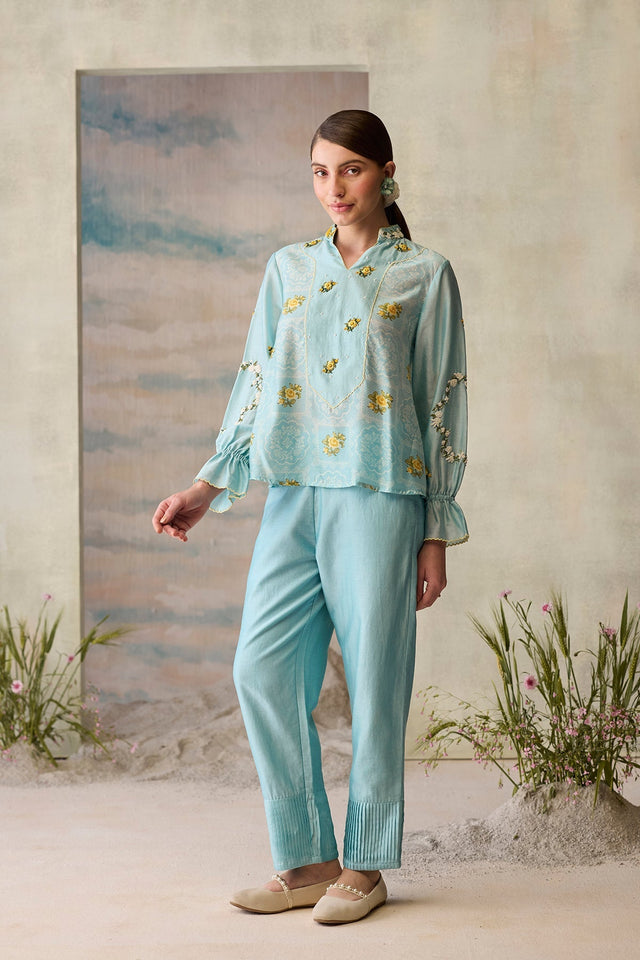 Azure Printed Floral Top - Shirt - Mizyana