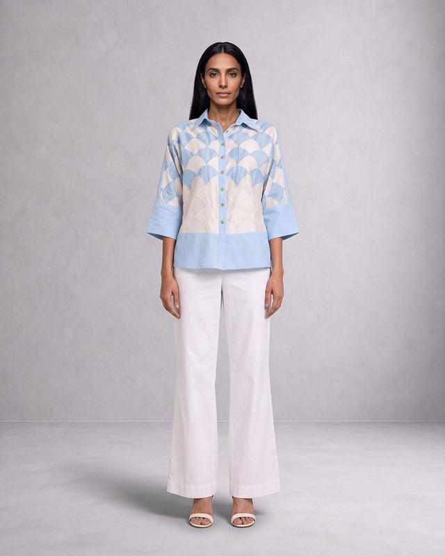 Baasa Scalloped Lattice Applique Cotton Shirt with High-Low Hem - Shirt - Mizyana