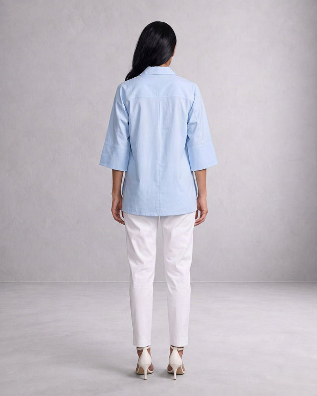 Baasa Scalloped Lattice Applique Cotton Shirt with High-Low Hem - Shirt - Mizyana