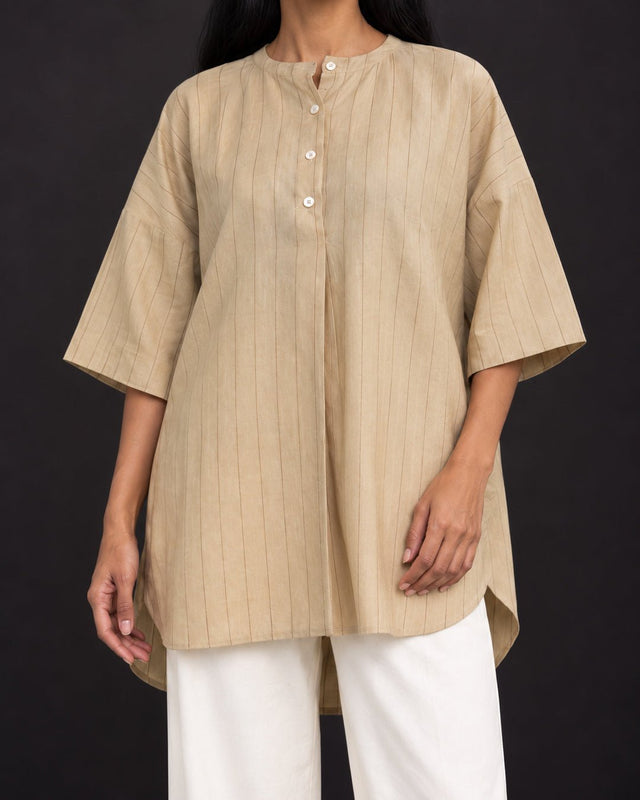 Balance Grain Beige Striped Cotton Kurta Two-Piece Set - Two-Piece Set - Mizyana