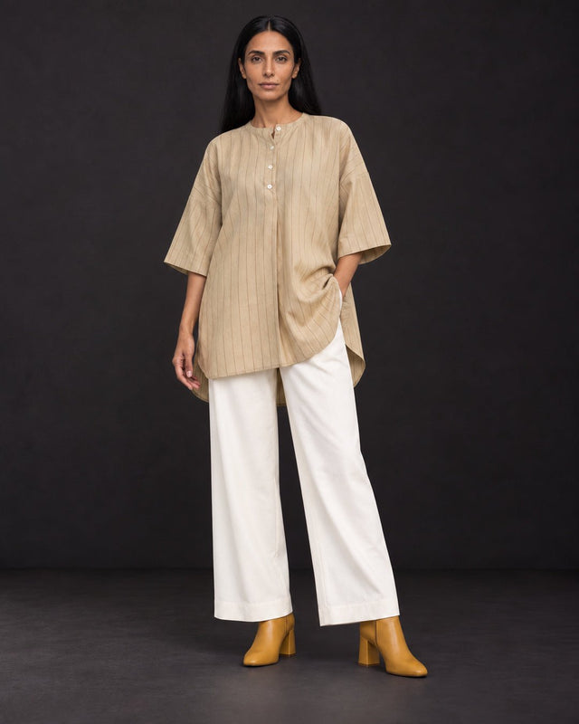 Balance Grain Beige Striped Cotton Kurta Two-Piece Set - Two-Piece Set - Mizyana