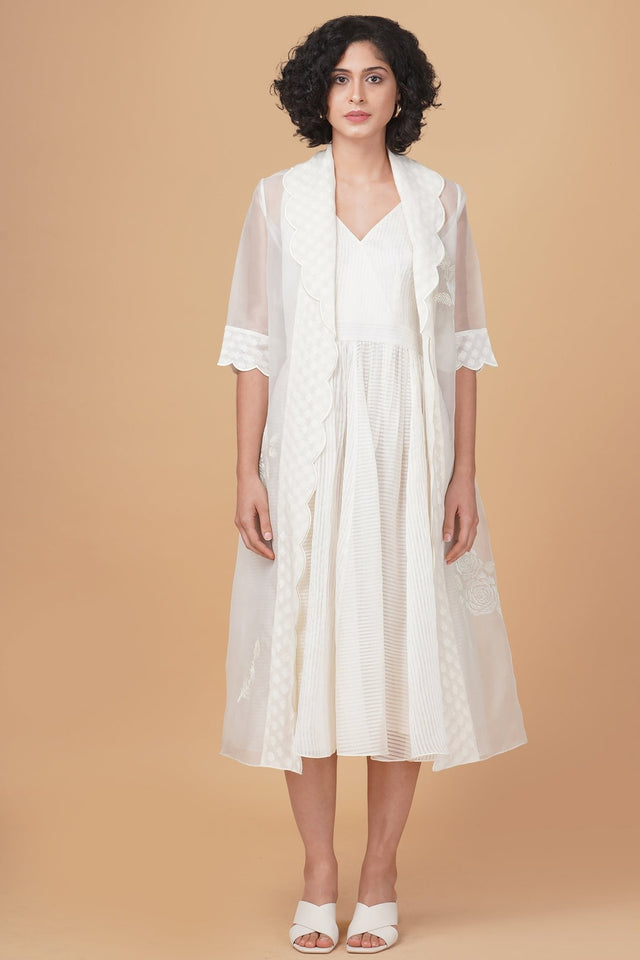Bara embroidery jacket in silk organza and solid overlap dress in stripe organza - Two-Piece Set - Mizyana