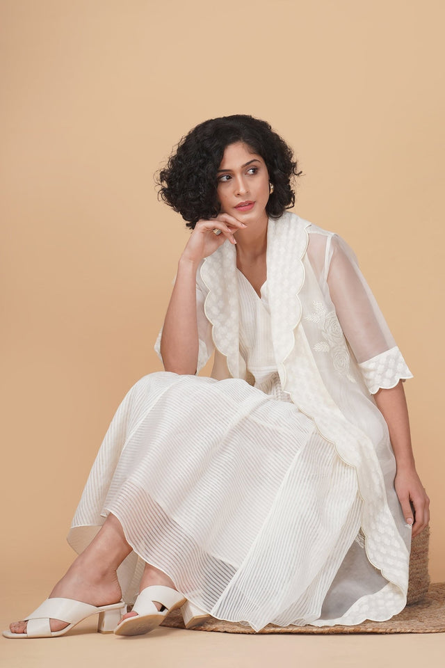 Bara embroidery jacket in silk organza and solid overlap dress in stripe organza - Two-Piece Set - Mizyana