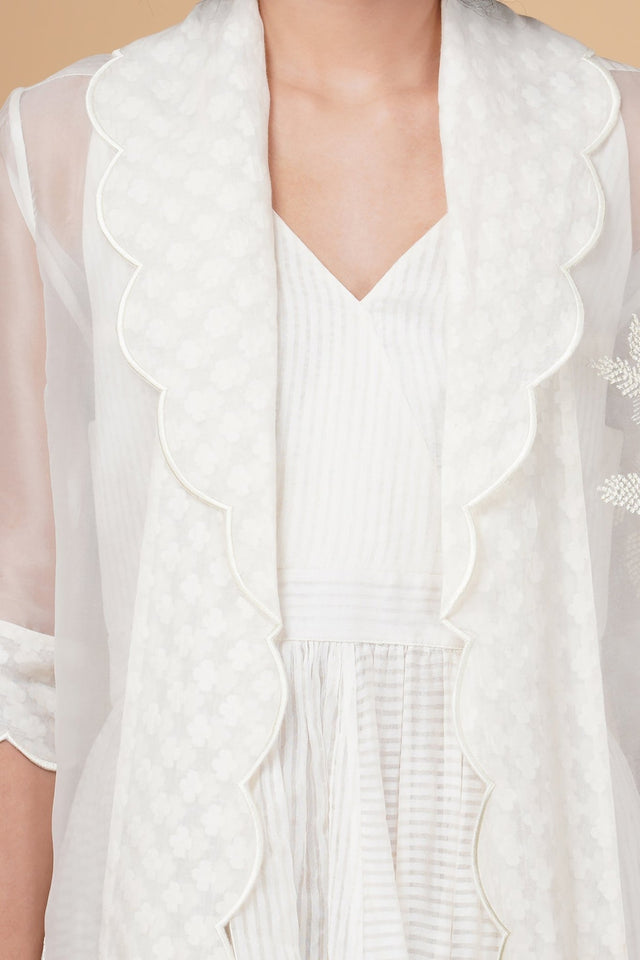 Bara embroidery jacket in silk organza and solid overlap dress in stripe organza - Two-Piece Set - Mizyana