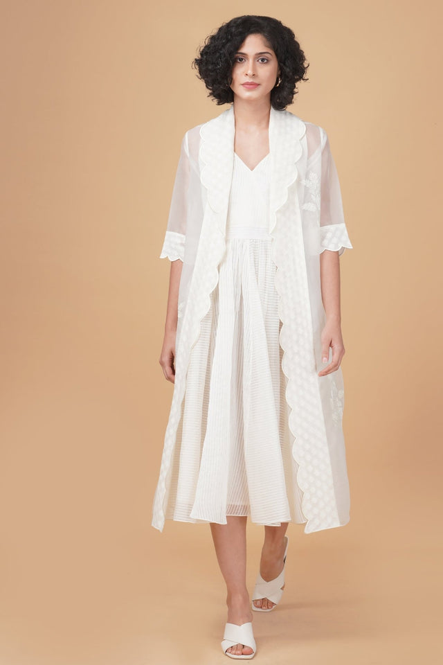 Bara embroidery jacket in silk organza and solid overlap dress in stripe organza - Two-Piece Set - Mizyana