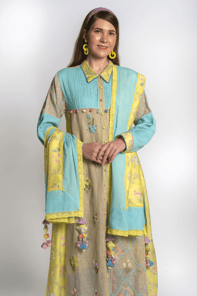 Basant Neela Floral Kurta Set - Two-Piece Set - Mizyana