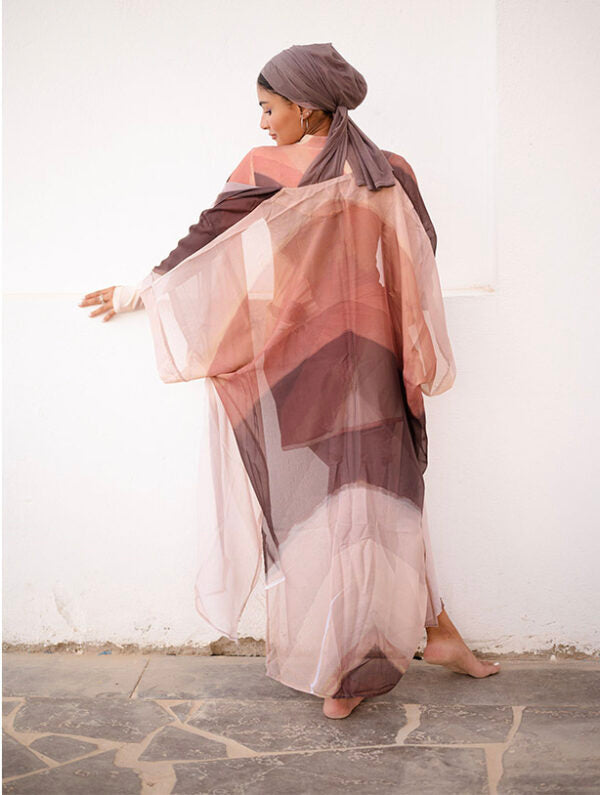 Sandy Waves Rose and Brown Color Block Chiffon Swimwear Kimono