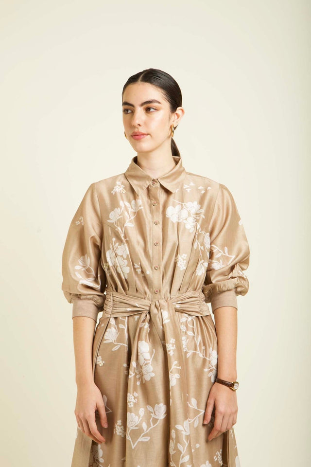 Beige Discharge Print Tie Up Dress In Silk Chanderi With Embroidery Details - Dress - Mizyana