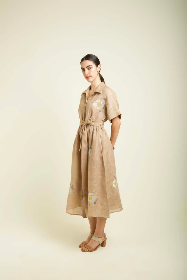 Beige Embroided Drop Shoulder Dress In Gauze Linen - Dress - Mizyana