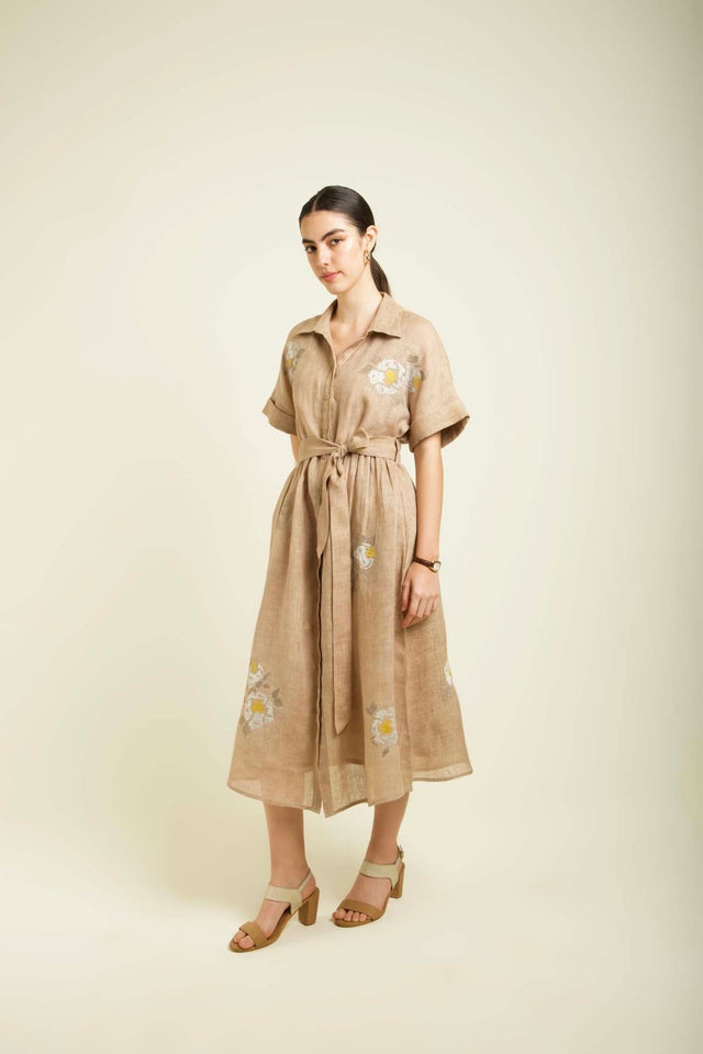 Beige Embroided Drop Shoulder Dress In Gauze Linen - Dress - Mizyana
