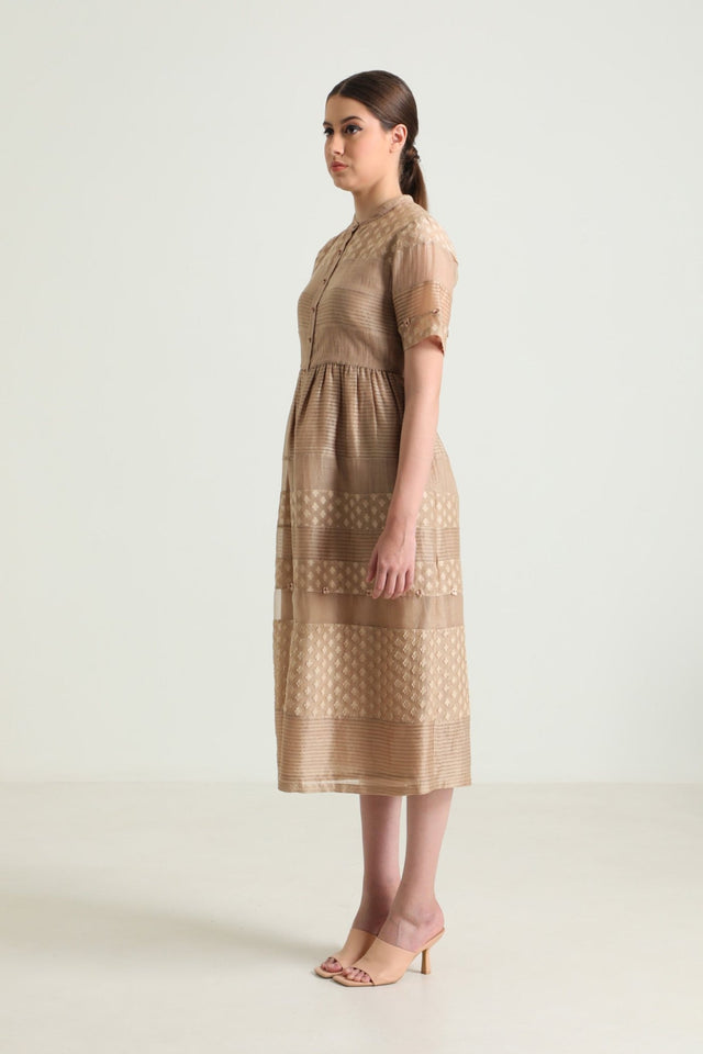 Beige Lace Dress with Embroidery - Dress - Mizyana