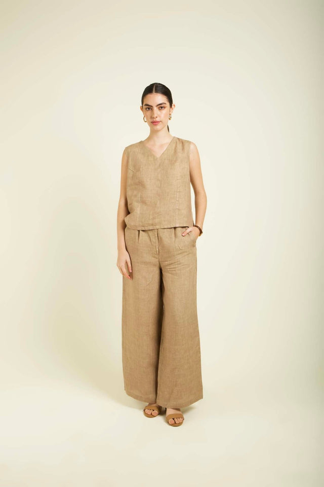 Beige Linen Printed Jacket With Flared Pants And Top In Linen - Two-Piece Set - Mizyana