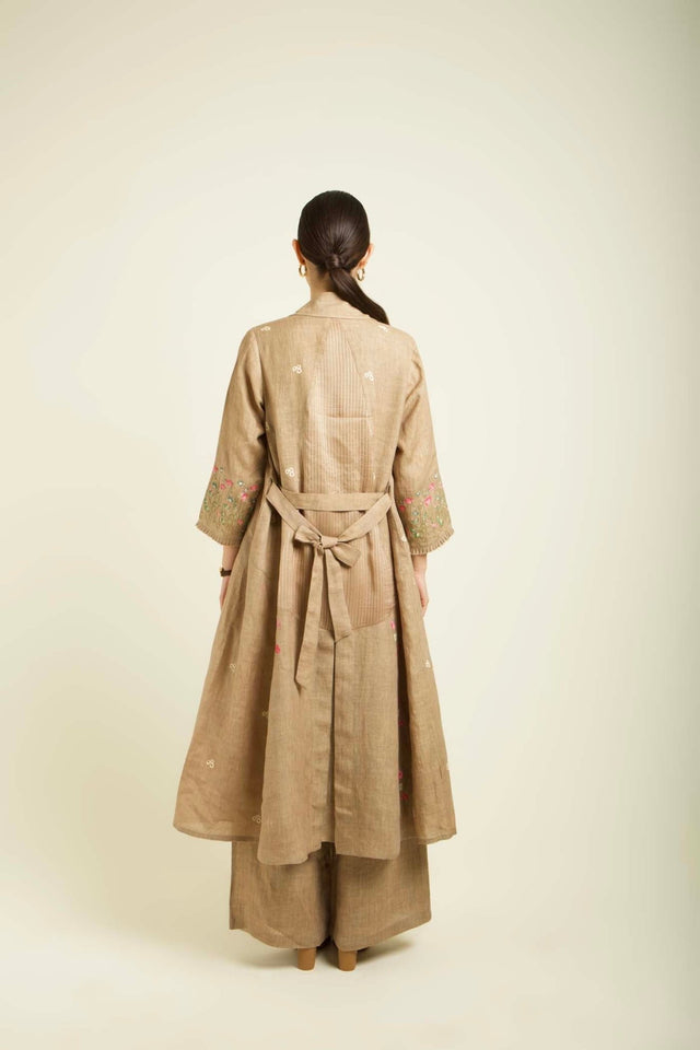 Beige Linen Printed Jacket With Flared Pants And Top In Linen - Two-Piece Set - Mizyana