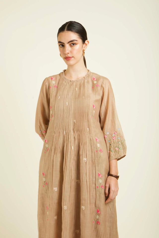 Beige Mul Chanderi Pleated Tunic With Straight Printed Pants In Silk Chanderi - Two-Piece Set - Mizyana