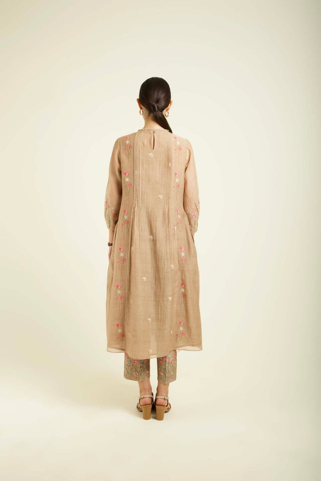 Beige Mul Chanderi Pleated Tunic With Straight Printed Pants In Silk Chanderi - Two-Piece Set - Mizyana