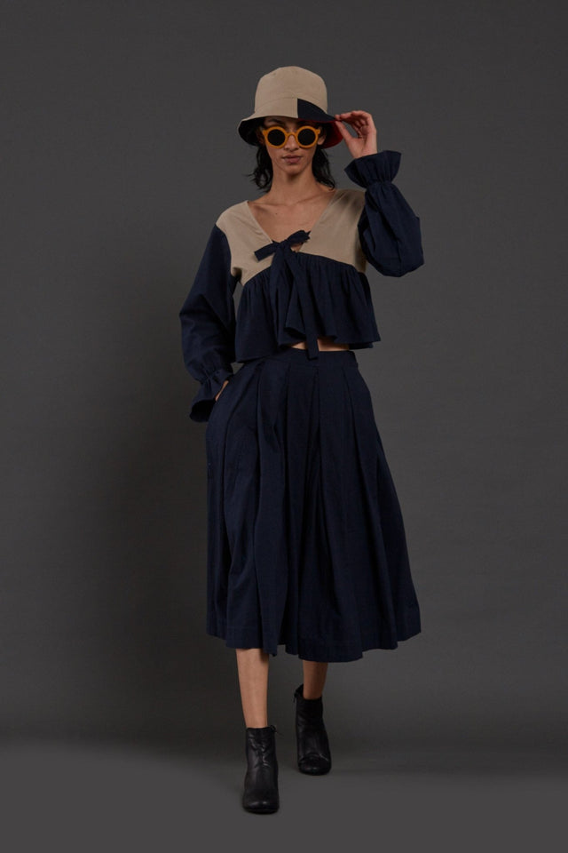 Beige & Navy Blue Bow Set - Two-Piece Set - Mizyana