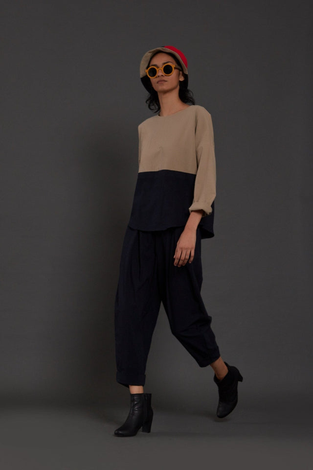 Beige & Navy Blue Rekin Set - Two-Piece Set - Mizyana