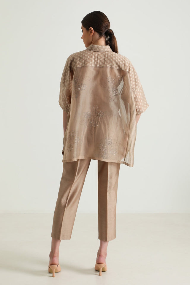 Beige Organza Lace Shirt and Straight Pant in Silk Chanderi - Two-Piece Set - Mizyana
