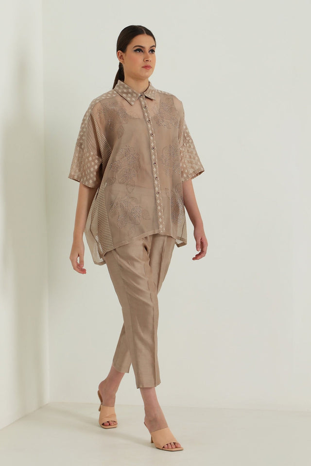 Beige Organza Lace Shirt and Straight Pant in Silk Chanderi - Two-Piece Set - Mizyana