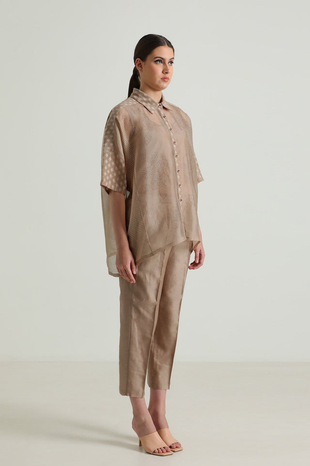 Beige Organza Lace Shirt and Straight Pant in Silk Chanderi - Two-Piece Set - Mizyana