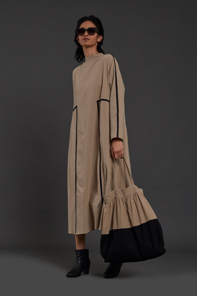 Beige Piping Dress - Dress - Mizyana