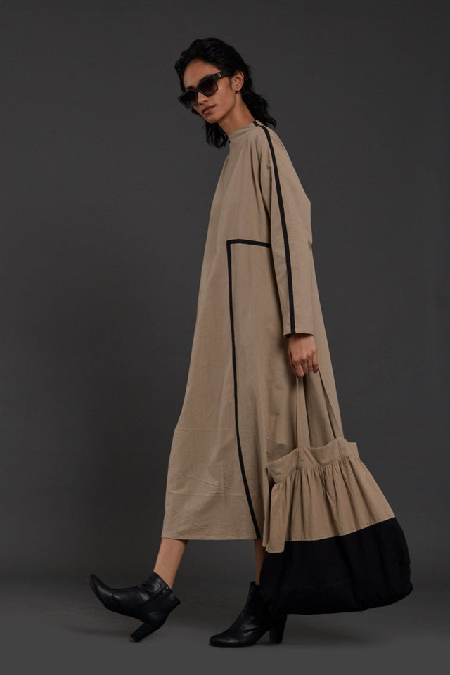 Beige Piping Dress - Dress - Mizyana