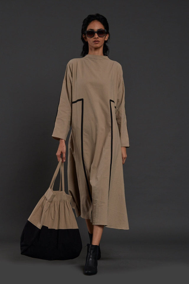 Beige Piping Dress - Dress - Mizyana
