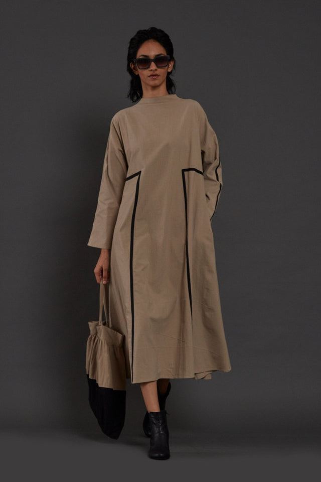 Beige Piping Dress - Dress - Mizyana