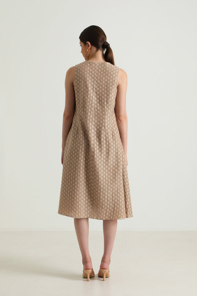 Beige Printed Organza Jacket With Scalloped Collar and Brocade Dress - Two-Piece Set - Mizyana