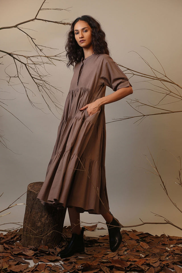 Beige Raglan Tiered Dress - Dress - Mizyana