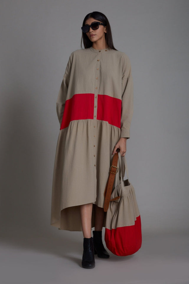 Beige & Red Band Dress - Dress - Mizyana
