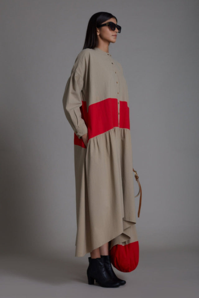 Beige & Red Band Dress - Dress - Mizyana
